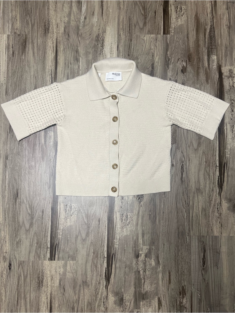 Selected Femme Cream slfEdora Knit Polo Cardigan Crop Mesh Sleeve Sweater S